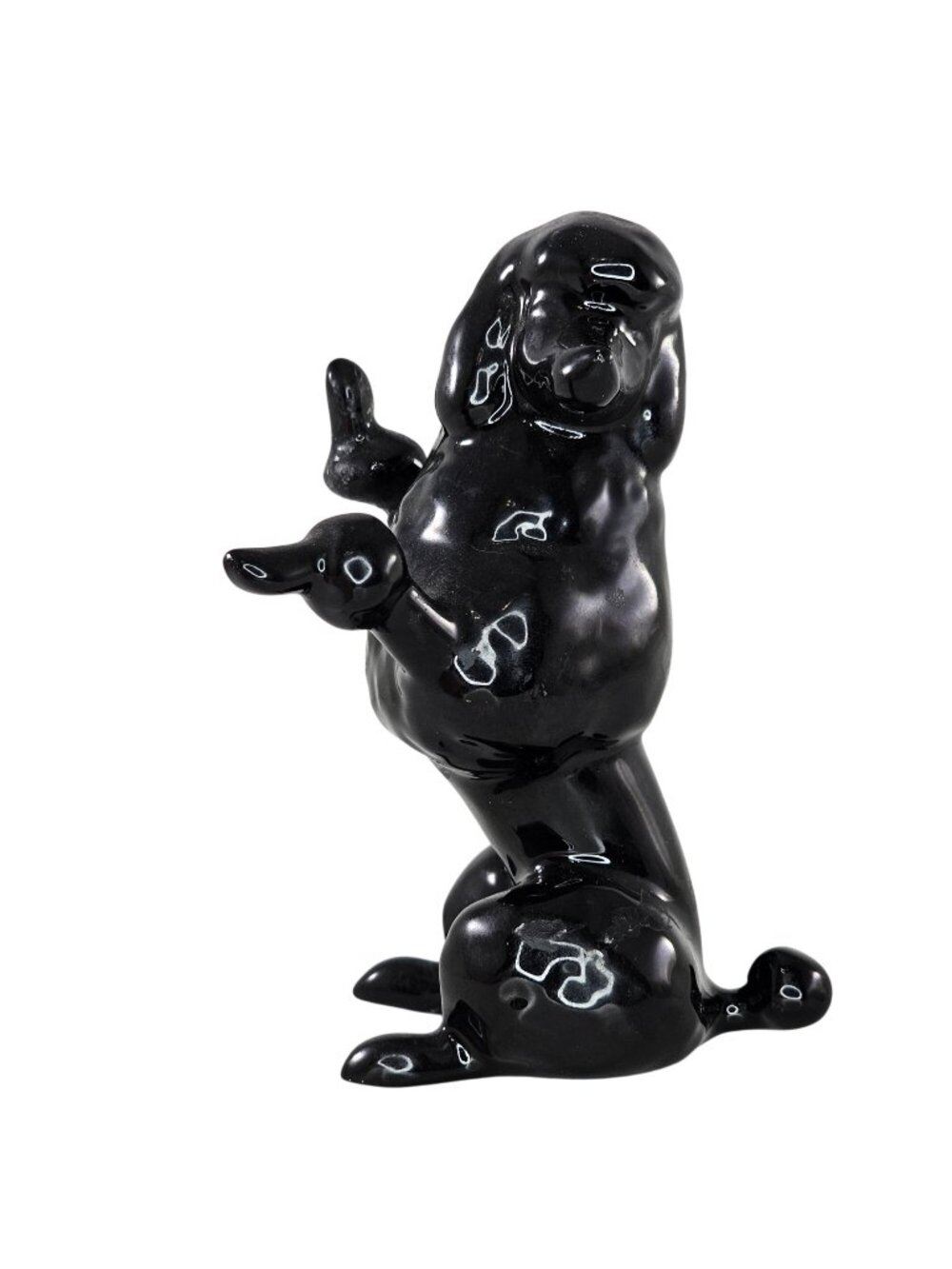 Black Glazed Ceramic Poodle Figurine Posing Paws Up Decorative MCM *Repaired*